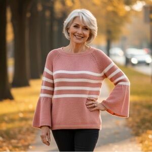 BODEN Sweater Arianna Pullover Striped Pink White Cotton Bell Sleeves Small